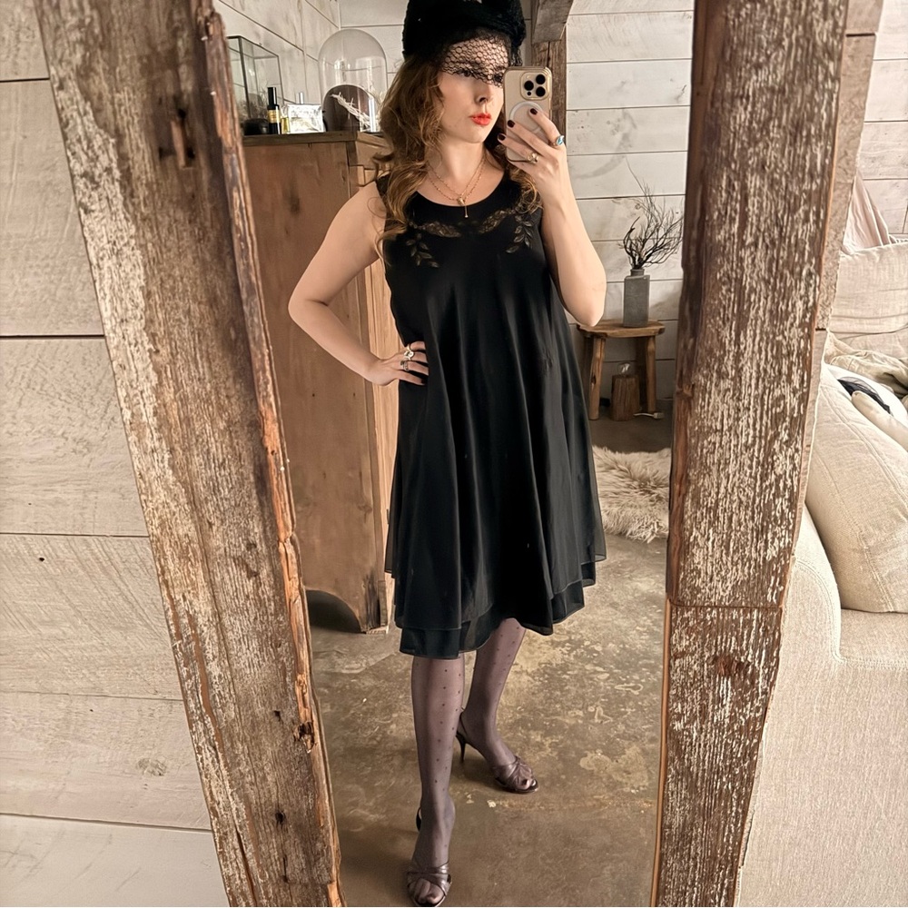 Vintage 1960s Black Sleeveless a-line trapeze slip Dress with sheer lace neglige